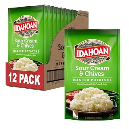 Idahoan Sour Cream & Chives Mashed Potatoes, Naturally Gluten-Free, 100% Real Idaho Potatoes, 4 servings per bag, 4 ounce (Pack of 12)