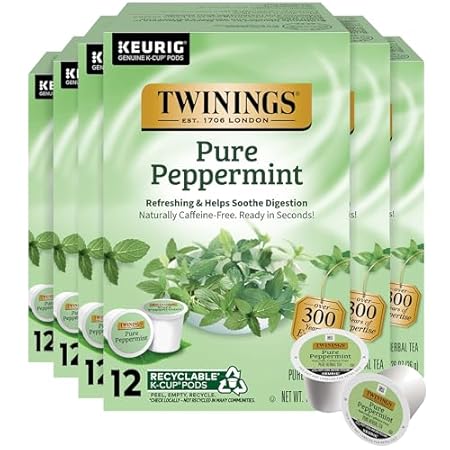 Twinings Pure Peppermint Herbal Tea 72 K-Cup Pods for Keurig, 12 Count (Pack of 6), Made with 100% Pure Peppermint, Naturally Caffeine-Free, Enjoy Hot or Iced