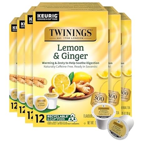 Twinings Lemon & Ginger Herbal Tea 72 K-Cup Pods for Keurig, 12 Count (Pack of 6), Tangy & Spicy, Naturally Caffeine-Free, Enjoy Hot or Iced
