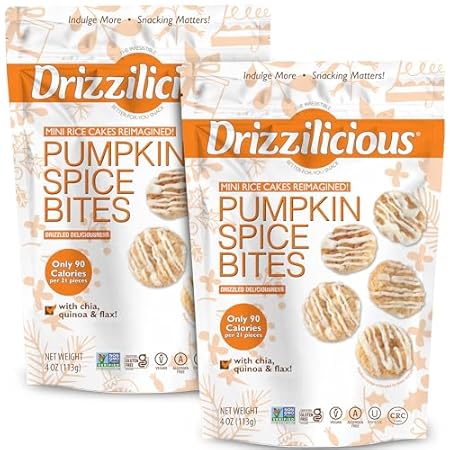 Drizzilicious Mini Rice Cakes - Rice Crisps, Healthy Snack for Adults and Kids, Flavored Rice Cakes, Vegan, Gluten Free, Only 90 Calories Per Serving - Pumpkin Spice, 4 oz (Pack of 2)