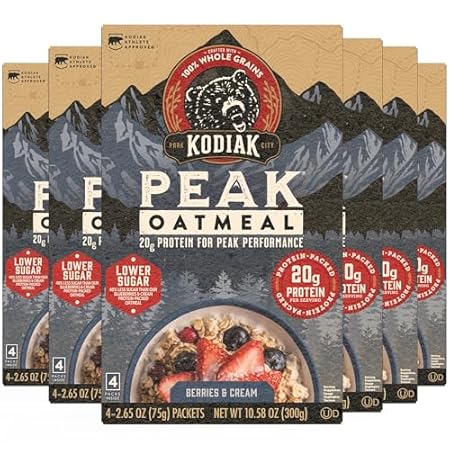 Kodiak Cakes Peak Instant Oatmeal Packets, Berries & Cream, High Protein,100% Whole Grains, 6 box with 4 packets each (Total of 24 packets)
