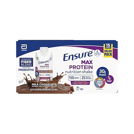 Ensure Max Protein Milk Chocolate Nutrition Shake, 30g Protein, 1g Sugar, 4g Fiber Blend, 15 Pack
