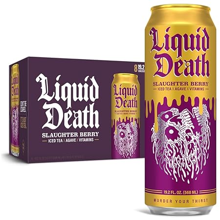 Liquid Death, Slaughter Berry Flavored Iced Tea, 8-Pack (19.2oz Cans), Raspberry Flavored Black Tea, Low Calorie, No Artificial Sweeteners, B12 & B6 Vitamins