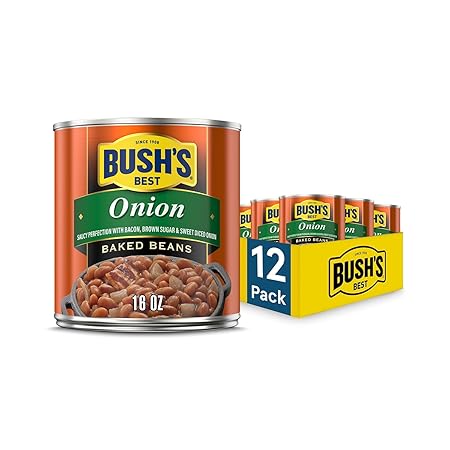 BUSH'S BEST 16 oz Canned Onion Baked Beans, Source of Plant Based Protein and Fiber, Low Fat, Gluten Free, (Pack of 12)