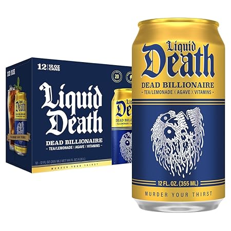 Liquid Death, Dead Billionaire Iced Tea, 12-Pack (12 oz Cans), Half Lemonade Half Black Tea, Low Calorie, No Artificial Sweeteners, B12 & B6 Vitamins