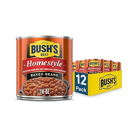 BUSH'S BEST 16 oz Canned Homestyle Baked Beans, Source of Plant Based Protein and Fiber, Low Fat, Gluten Free, (Pack of 12)