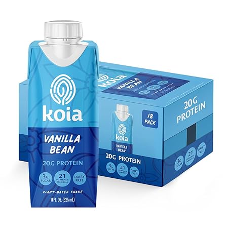 Koia Plant Based Protein Shake, Vanilla Bean, 20g Protein, 3g Sugar, 6g Prebiotic Fiber, 21 Vitamins & Minerals, Meal Replacement Drinks, Dairy-Free, Gluten-Free, Non-GMO, 11 Fl Oz (Pack of 18)