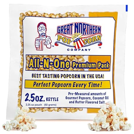 2.5oz Popcorn Machine Popcorn Packets - All-in-One Movie Theater Style Kernels, Salt, and Oil Packs by Great Northern Popcorn (24 Case)