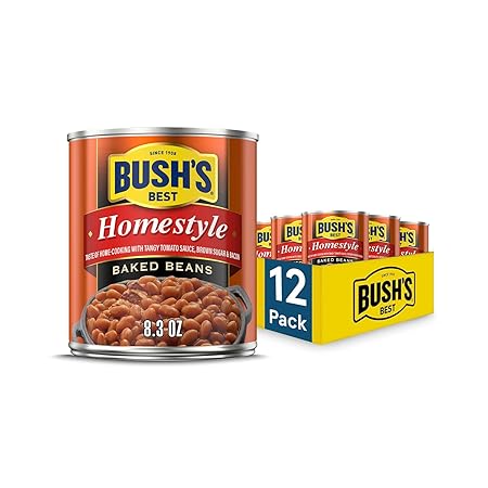 BUSH'S BEST 8.3 oz Canned Homestyle Baked Beans, Source of Plant Based Protein and Fiber, Low Fat, Gluten Free, (Pack of 12)