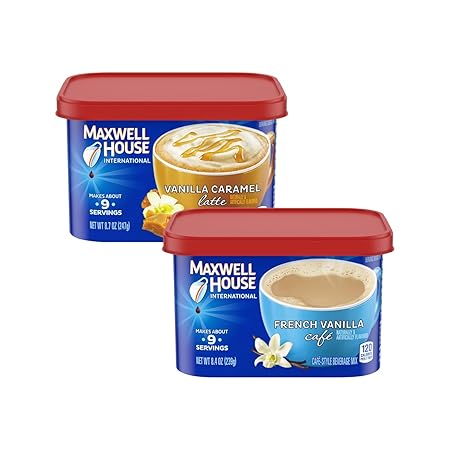 Maxwell House International Vanilla Caramel Latte Mix 8.7 Oz + Instant French Vanilla Cafe 8.4 Oz (Variety Pack)