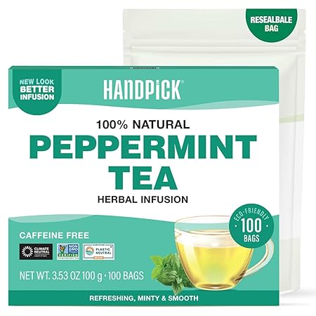 HANDPICK, Peppermint Tea, Eco-Conscious Tea Bags - 100 Count | Caffeine Free, Non-GMO | Minty, Fresh & Cool flavor | Direct From Source