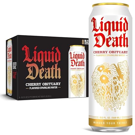 Liquid Death, Cherry Obituary, Cherry-Flavored Sparkling Water, 8-Pack (19.2oz Cans), Low Calorie & No Artificial Sweeteners