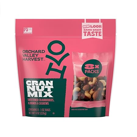 Orchard Valley Harvest Cran Nut Trail Mix, 1oz Nags (Pack of 8), Sweetened Cranberries, Almonds, Cashews, Gluten Free, Trail Mix Individual Packs, Snacks for Adults, 4g Plant Based Protein Per Serving, Healthy Snacks for Adults