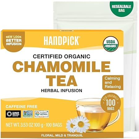 HANDPICK, Organic Chamomile Tea Bags (100 Herbal Tea Bags) Caffeine Free| Premium Floral Chamomile Herbal Tea in Eco-Conscious Teabags | Direct from Source