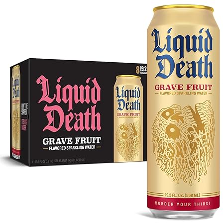 Liquid Death, Grave Fruit, Grapefruit-Flavored Sparkling Water, 8-Pack (19.2oz Cans), Low Calorie & No Artificial Sweeteners