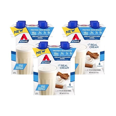 Atkins Creamy Cinnamon Swirl Protein Shake, 15g Protein, Low Glycemic, 2g Net Carb, 1g Sugar, Keto Friendly, 12 Count