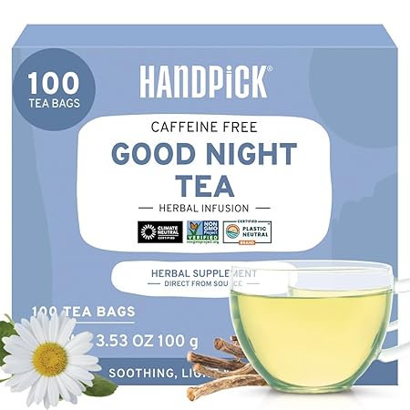 HANDPICK, Good Night Tea Bags (100 Count) Night Time Herbal Tea | Caffeine Free | Floral Blend - Lavender, Chamomile, Peppermint | Natural Tea, Perfect for Bedtime