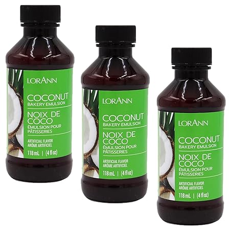 LorAnn Oils Coconut Bakery Emulsion: True Essence, Ideal for Boosting Fruit Tones in Cakes, Cookies & Desserts, Gluten-Free, Keto-Friendly, Extract Substitute Essential for Your Kitchen, 4 Oz, 3 Pack