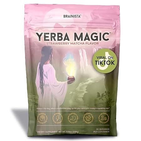 Yerba Magic – Yerba Mate Tea Instant Powder Super Drink with Nootropics, Prebiotics & Probiotics – Clean Energy, Mental Clarity & Gut Wellness | Low Sugar, Natural Caffeine – Strawberry Matcha, 30 Servings