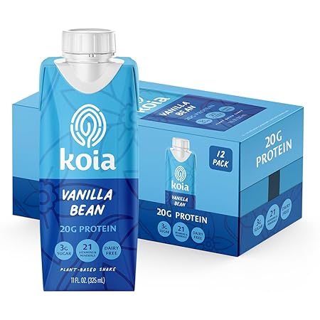 Koia Plant Based Protein Shake, Vanilla Bean, 20g Protein, 3g Sugar, 6g Prebiotic Fiber, 21 Vitamins & Minerals, Meal Replacement Drinks, Dairy-Free, Gluten-Free, Non-GMO, 11 Fl Oz (Pack of 12)