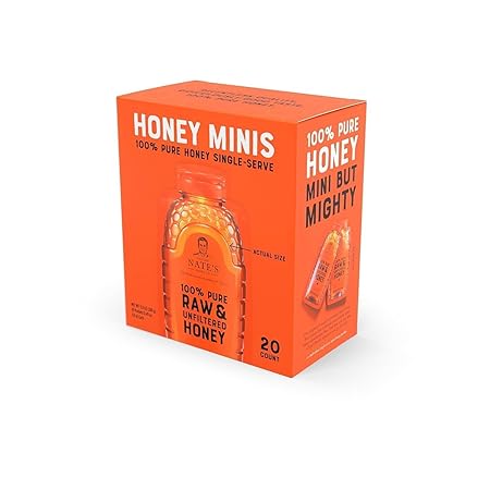 Nate's Honey Minis - Single-Serve 100% Pure, Raw & Unfiltered Honey – 0.49oz Packets, 20ct box