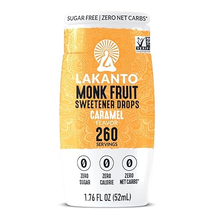 Lakanto Liquid Monk Fruit Extract Drops, Erythritol Free Sugar Substitute Sweetener For Tea, Coffee, Water & Smoothies, Sugar Free, Low Calorie, Zero Sugar, Vegan, Keto - Caramel (1.76 Fl Oz)