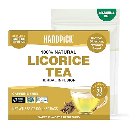 HANDPICK, Licorice Root Tea Bags (50 Count, 2g/tea bag) Licorice Tea | Non-GMO, Caffeine Free | Goodness of Cinnamon, Blackpepper, Clove, Cardamom & Ginger
