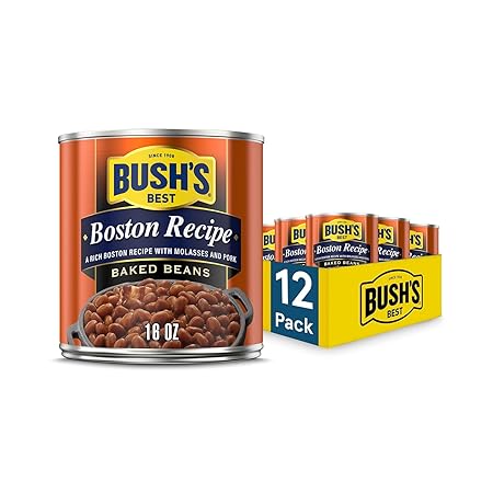 BUSH'S BEST 16 oz Canned Boston Recipe Baked Beans, Canned Baked Beans, Source of Plant Based Protein and Fiber, Low Fat, Gluten Free, (Pack of 12)