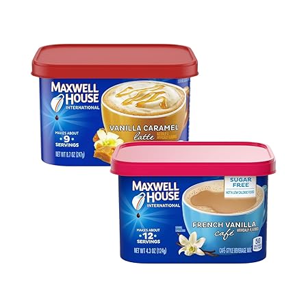 Maxwell House Vanilla Caramel Latte Mix, 8.7 oz + French Vanilla Café-Style Instant Coffee Beverage Mix, 4.3 oz, (Variety Pack)