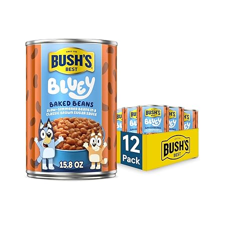 BUSH'S BEST 15.8 oz Canned Bluey Original Baked Beans, Source of Plant Based Protein and Fiber, Low Fat, Gluten Free, (Bluey), (Pack of 12)