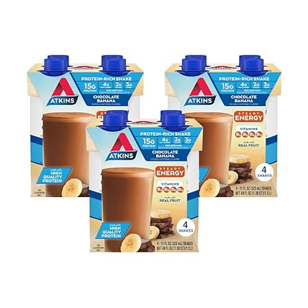 Atkins Chocolate Banana Protein Shake, 15g Protein, Low Glycemic, 4g Net Carb, 2g Sugar, Keto Friendly, 12 Count