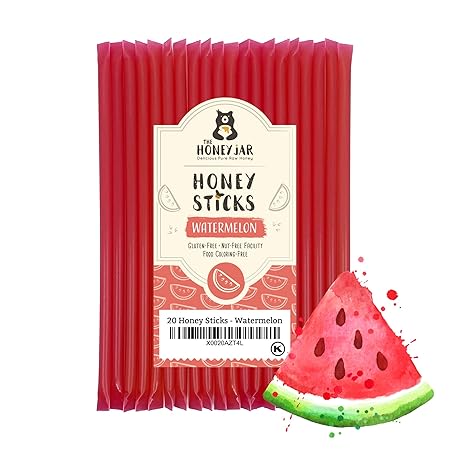 The Honey Jar Watermelon Flavored Honey Sticks - Pure Honey Straws For Tea, Coffee, or a Healthy Treat - One Teaspoon of Flavored Honey Per Stick - Made In The USA with Real Honey - (20 Count)