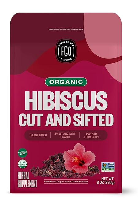 FGO Organic Hibiscus Flowers, Cut and Sifted, Loose Tea, 8oz Resealable Bag, Packaging May Vary (Pack of 1)