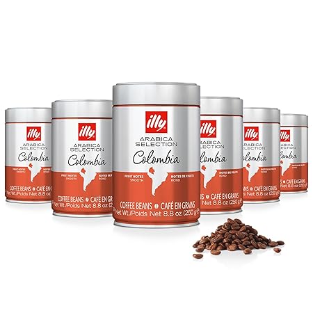illy Whole Bean Coffee, Arabica Selections, Colombia, Single Origin, Smooth with Notes of Citrus Fruits, 100% Arabica Beans, All-Natural, No Preservatives, 8.8 Ounce Can (Pack of 6)