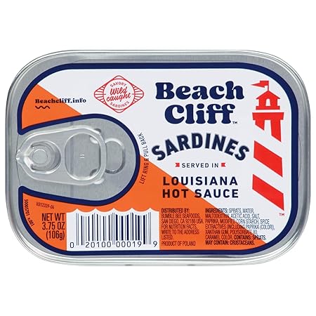 Beach Cliff Wild Caught Sardines in Louisiana Hot Sauce, 3.75 oz Can - 11g Protein per Serving - Gluten Free, Keto Friendly