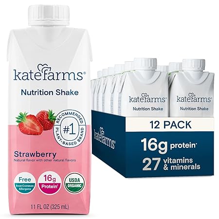 Kate Farms Organic Nutrition Shake, Strawberry, 16g Protein, 27 Vitamins and Minerals, Meal Replacement, 11 oz, 12 Pack