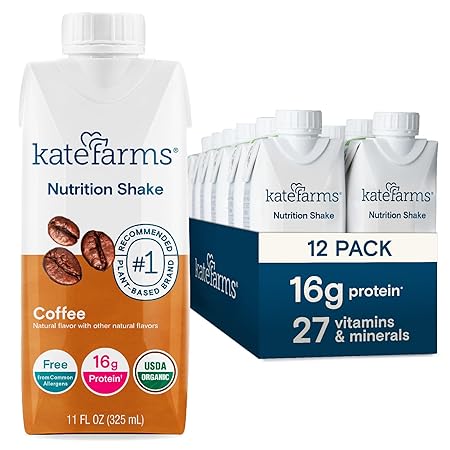 KATE FARMS Organic Nutrition Shake, Coffee, 16g protein, 27 Vitamins and Minerals, Protein Meal Replacement Drink, Protein Shake, 11 oz (12 Pack)
