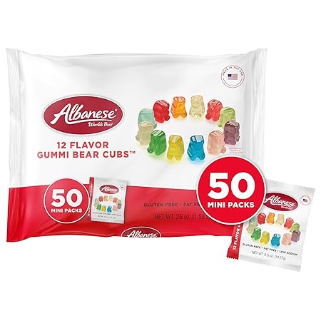 Albanese World's Best 12 Flavor Gummi Bear Cubs | 50 - 0.5oz Snack Packs of Candy | Miniature, Individually Wrapped, Soft Gummy |Cherry, Blue Raspberry, and More | Perfect for Kid's Classroom Parties