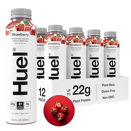 Huel Ready-to-Drink | Strawberry Shortcake Meal Replacement Drink | High Protein Drink | Nutritionally Complete, Low Sugar, High Fiber, Plant Based, Vegan, Healthy | 22g Protein Per Bottle, 16.9 Fl Oz (12 Pack)