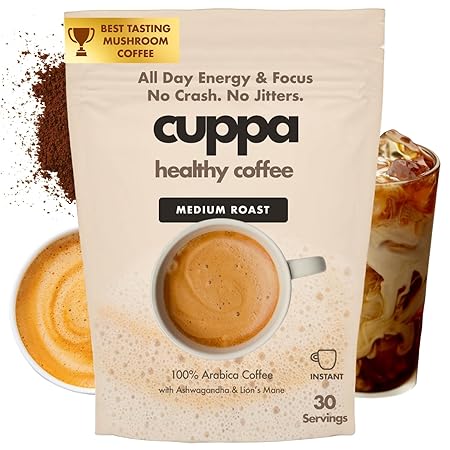 Cuppa Healthy Mushroom Insant Coffee with Lion's Mane & Ashwagandha for All Day Energy & Focus - No Crash or Jitters - Nootropics for Brain Health, Gut Health, Immunity, Stress, Memory + Mood (30 Servings, Medium Roast)