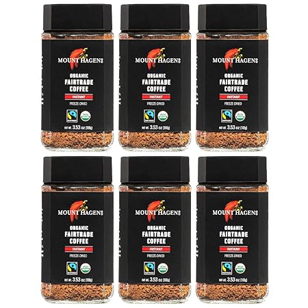 Mount Hagen 3.53oz Organic Freeze Dried Instant Coffee - 6 pack | Eco-friendly Coffee Made From Organic Medium Roast Arabica Beans | Fair-Trade Coffee Instant [6 x 3.53oz Jar]