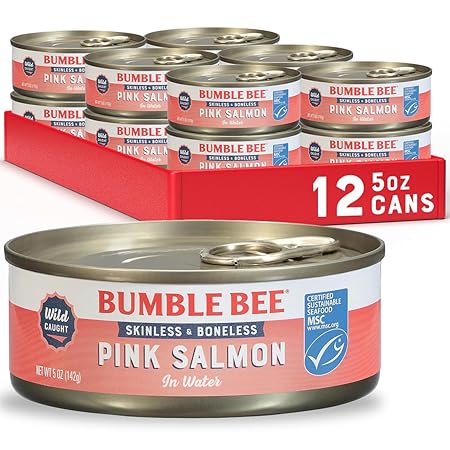 Bumble Bee Skinless & Boneless Canned Pink Salmon in Water, 5 oz Cans (Pack of 12) - Premium Wild Caught Salmon for Sandwiches & Recipes - 20g Protein per Serving - Gluten Free, Kosher, MSC Certified