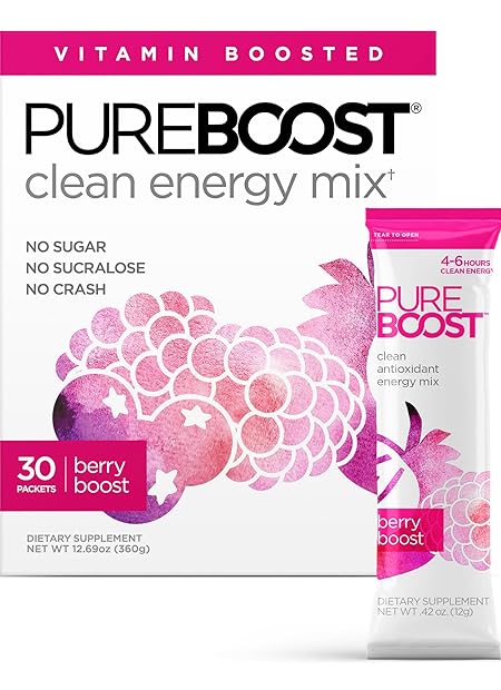 Pureboost Clean Energy Booster, Refreshing Energy Drink Mix with B12 Vitamins, Electrolytes, Antioxidants, Sugar-Free with No Sucralose (Berry Boost, 30 Count)