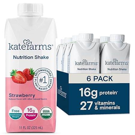 KATE FARMS Organic Nutrition Shake, Strawberry, 16g of Protein, 27 Vitamins and Minerals, Meal Replacement, Protein Shake, 11 Fl oz (6 Pack)