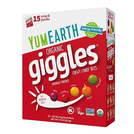 YumEarth Organic Giggles Chewy Candy – Allergy Friendly, No Artificial Dyes, Non GMO, Gluten Free, Fruit Flavored, Vegan Candy Snacks with No Artificial Flavors, 0.5 oz (Box of 15)?