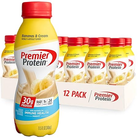 Premier Protein Shake, Bananas & Cream, 30g Protein, 1g Sugar, 24 Vitamins & Minerals, Nutrients to Support Immune Health, 12 Pack