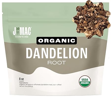 J Mac Botanicals Organic Dandelion Root (8 oz) unroasted, herb for tea and other infusions, Packaged in the USA, Certified USDA Organic