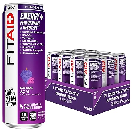 LIFEAID FITAID Energy Grape AÇAI, 200mg Natural Caffeine, Keto, Pre-Workout Performance: BCAAs, Quercetin, Electrolytes, Omega-3s, 15 Calories, Paleo, Vegan & Gluten-Free, 12-oz (Pack of 12)