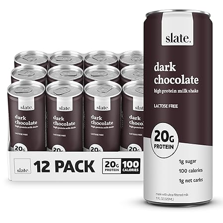 Slate Milk - High Protein Milk Shake - Dark Chocolate - Lactose Free, 20g Protein, 1g Sugar, 100 Calories, 1g Net Carbs, No Added Sugar - Natural, Breakfast Boost, Post Workout - 11 fl oz, 12 Cans
