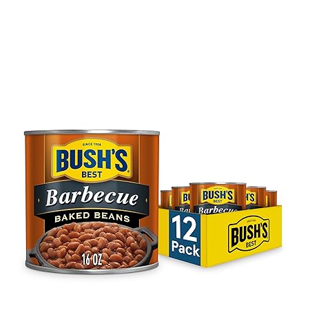 BUSH'S BEST 16 oz Canned Barbecue Baked Beans, Source of Plant Based Protein and Fiber, Low Fat, Gluten Free, (Pack of 12)